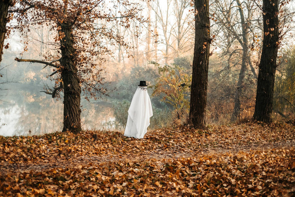 Un fantasma cubierto con una hoja blanca fantasmal usando un sombrero en el bosque para Halloween. Concepto Halloween - Foto, imagen
