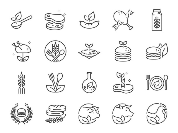 Pflanzen-basierte Food-Linie Symbolset. Beinhaltet die Symbole wie Bio-Engineered Food, vegan, vegetarisch, Mahlzeit, Burger, Nutritious und mehr. - Vektor, Bild