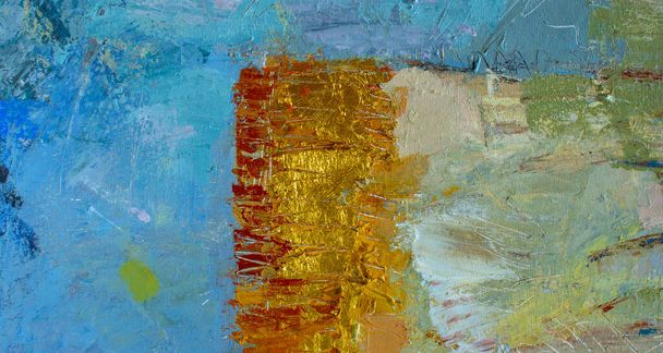 Blue oil painting on canvas. Original abstract acrylic orange paint. Gold thick paste. Golden foil texture. Fine art close up for psychology concept, classical music theme. Artistic color backdrop. - Fotoğraf, Görsel