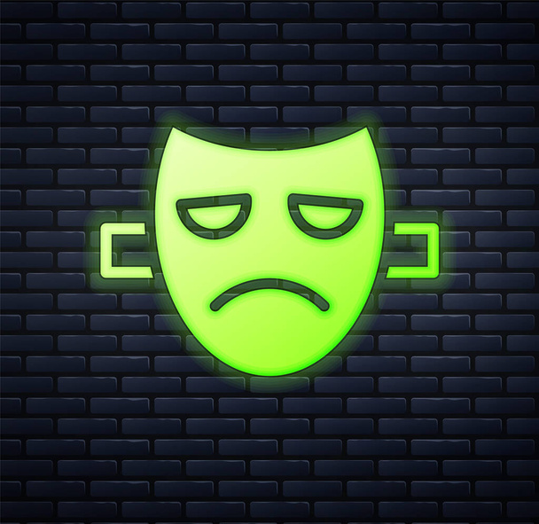Glowing neon Drama theatrical mask icon isolated on brick wall background.  Vector - Vector, Image