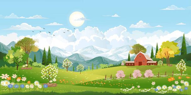 Panoraama maisema kevätkylä vihreä niitty kukkuloilla ja sininen taivas, vektori Kesällä tai keväällä maisema, panoraama maaseutu vihreä kenttä maalaistalo, lato ja ruoho kukkia
  - Vektori, kuva