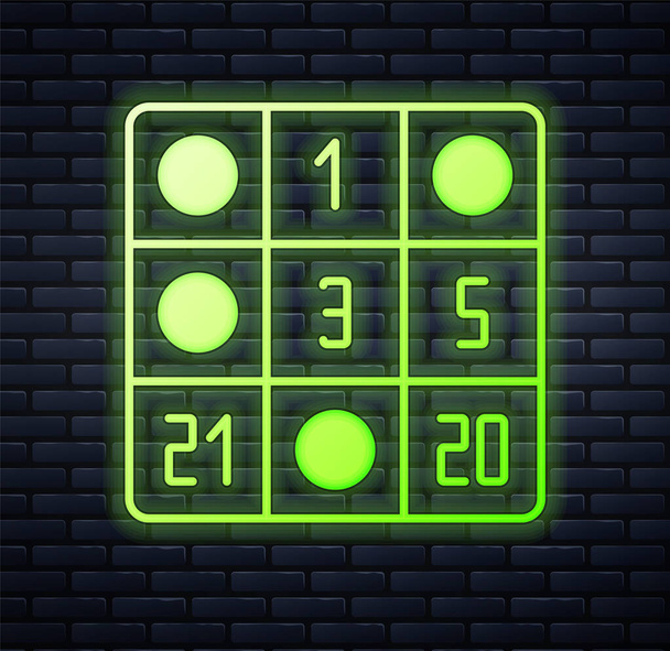 Glowing neon Bingo card with lucky numbers icon isolated on brick wall background.  Vector - Vector, Image