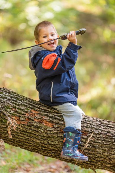 Jonge jongen zit op Fallen Down Tree Trunk en spelen met een zwaard - Foto, afbeelding