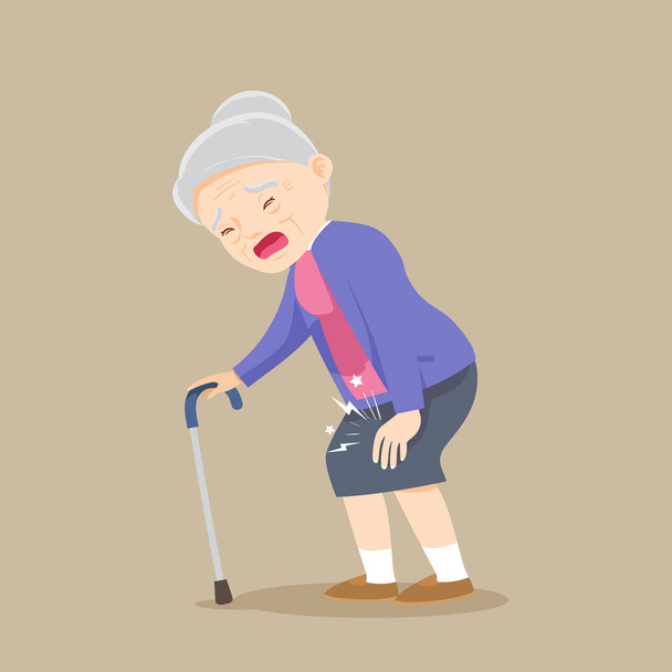 Starsza kobieta odczuwająca ból kolana i stojąca z chodzącym trzonkiem.Babcia z bólem kolana - Wektor, obraz
