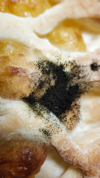 Μαύρη μούχλα στο προϊόν αρτοποιίας. Μπαγιάτικο ψωμί. Aspergillus niger καλούπι close-up μακροεντολή - Φωτογραφία, εικόνα
