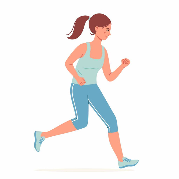 Young woman running dressed in sportswear isolated background. Healthy active lifestyle. Colorful modern vector illustration in cartoon flat style. - Vector, Image
