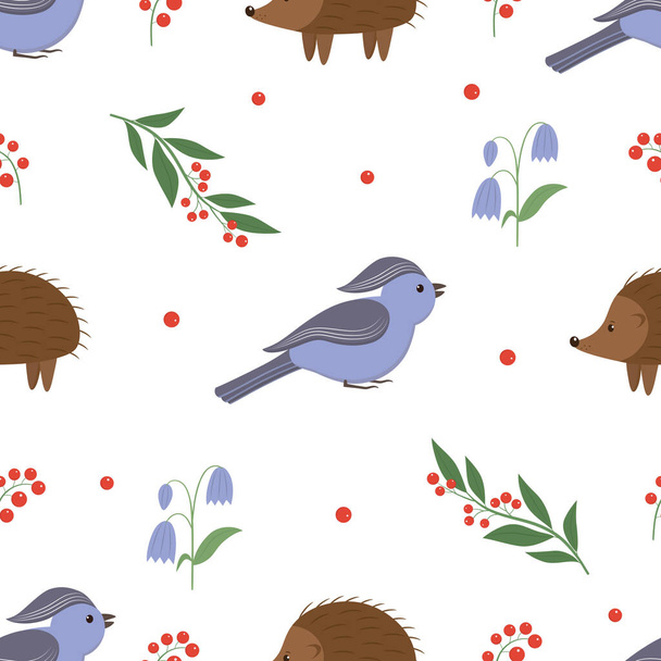 Vector graphic seamless pattern with birds, hedgehogs and plants on a white background - Wektor, obraz