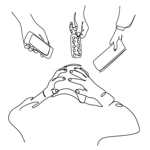 continuous drawing with one line of a man from the back holding his head and above him a hand with a smartphone, a hand with tablets and a hand with a newspaper - Photo, Image