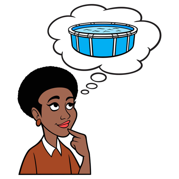Žena přemýšlející o nadzemním bazénu - kreslený obrázek ženy přemýšlející o nadzemním bazénu. - Vektor, obrázek
