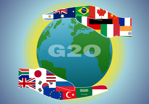 G2O csúcs. A G20-csúcstalálkozó tagországainak zászlói a Föld bolygót védő kézfejekkel - Vektor, kép