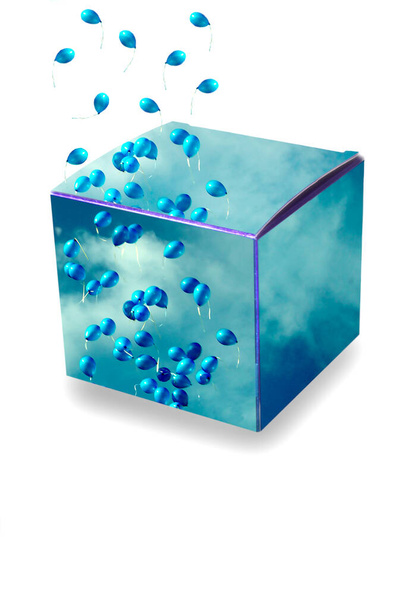 caja de regalo azul con globos contra el cielo, sobre un fondo blanco. - Foto, imagen
