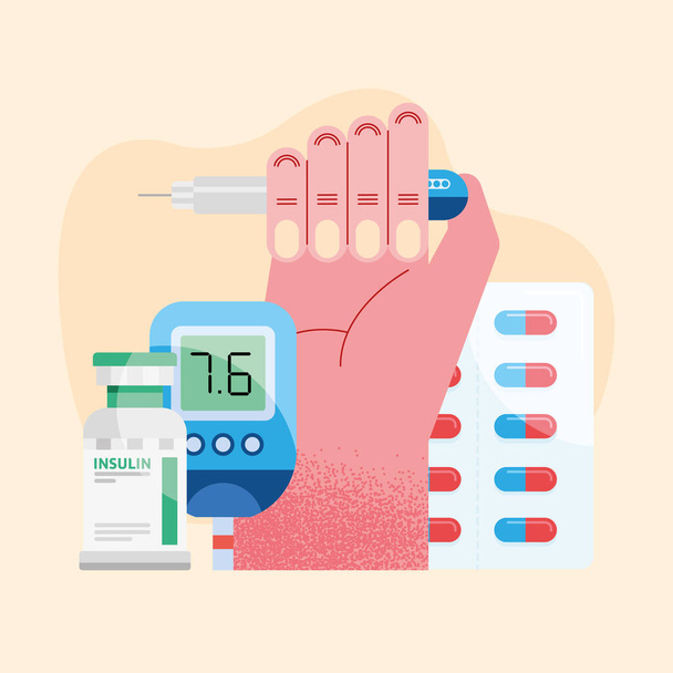 hand with insuline icons - Vector, Image