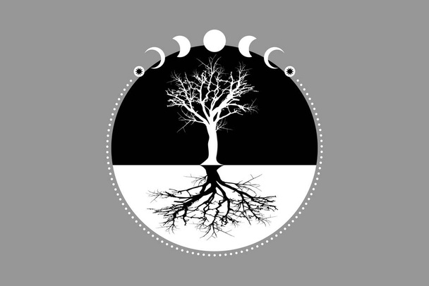 Mystical Moon Phases, tree of life, Sacred geometry. Tree and roots. Triple moon pagan Wiccan goddess symbol, silhouette wicca banner sign, energy circle, boho style vector isolated on gray background - Vector, Image