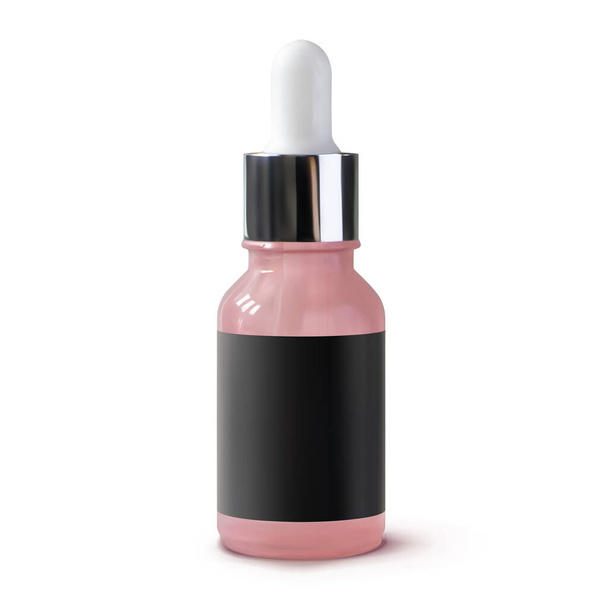 Pink glass serum bottle with pipette with black blank label realistic 3d vector mock up illustration isolated - Wektor, obraz