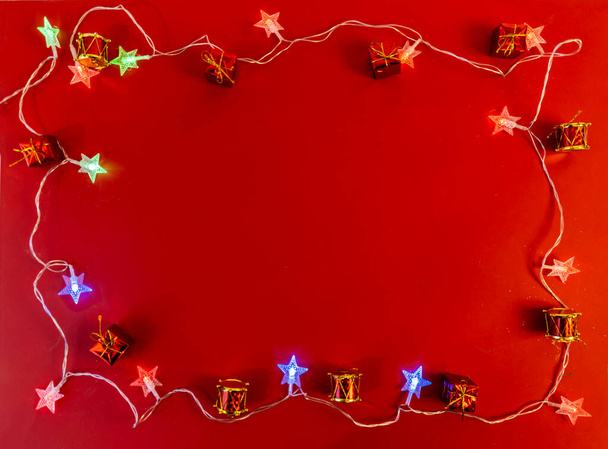christmas and new year flat lay with copy space on red background - Φωτογραφία, εικόνα
