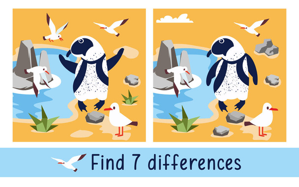 Pingüino y gaviotas. Encuentra 7 diferencias. Juego para niños. Actividad, vector. - Vector, imagen