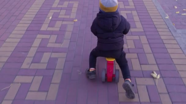 Poika ratsastus tasapaino pyörä - Materiaali, video