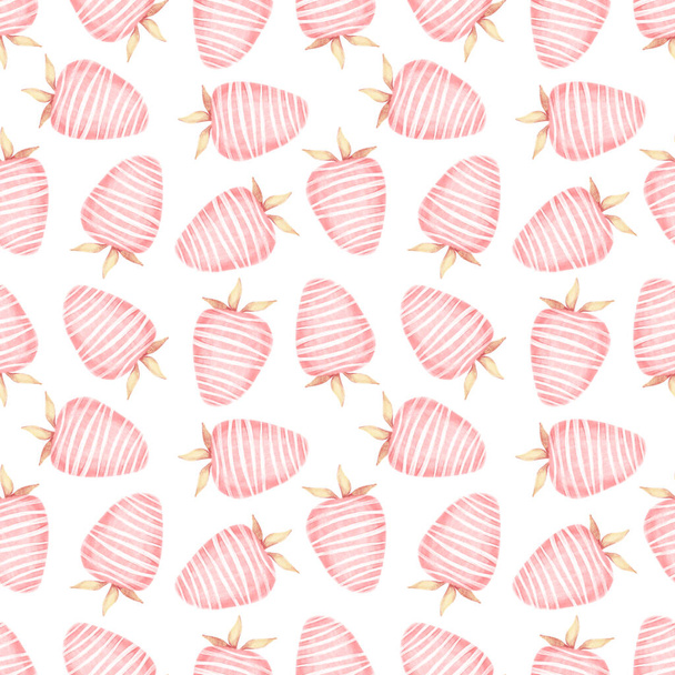 Acuarela dibujado a mano patrón sin costuras con elementos para el día de San Valentín. Fresas de rayas dulces rosadas en chocolate con hojas doradas aisladas sobre fondo blanco. - Foto, Imagen
