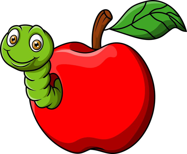 Vectorillustratie van Cartoon worm met rode appel - Vector, afbeelding