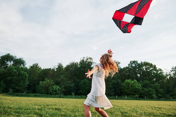 Thats feels amazing. Happy girl in white clothes have fun with kite in the field. Beautiful nature. - Fotoğraf, Görsel