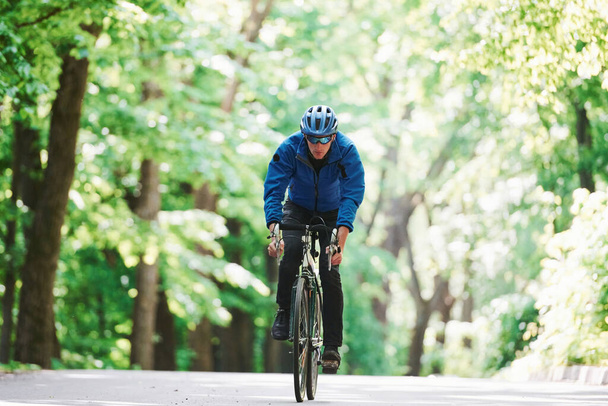 Straight forward. Cyclist on a bike is on the asphalt road in the forest at sunny day. - Photo, image