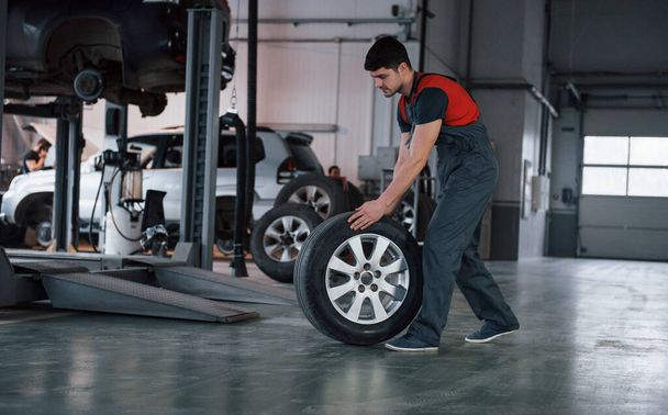 Employees at background. Mechanic holding a tire at the repair garage. Replacement of winter and summer tires. - Foto, Bild