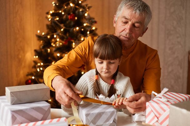 Indoor shot of mature man with his granddaughter sitting at table and preparing for new year eve, packing gift boxes, posing at home near Christmas tree. - 写真・画像