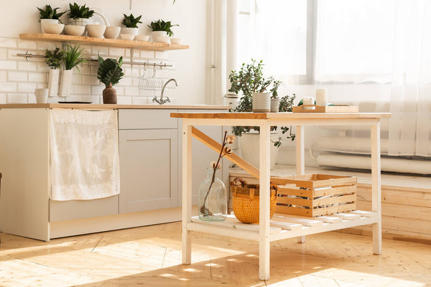 Elegante espacio abierto escandinavo con accesorios de cocina y plantas. - Foto, imagen