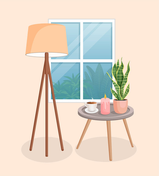 Interno con tavolino, lampada alla finestra. Illustrazione vettoriale degli elementi della casa. Stile cartone animato - Vettoriali, immagini