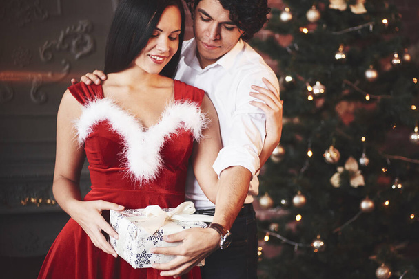Holidays has come. Beautiful couple celebrating New year in the decorated room with Christmas tree behind. - Foto, Imagen