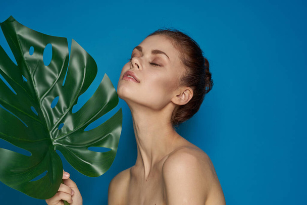 beautiful woman clean skin palm leaf cosmetics isolated background - Zdjęcie, obraz