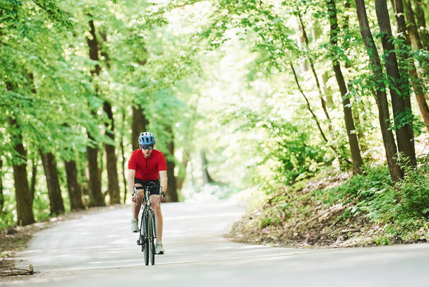 Moving activity. Cyclist on a bike is on the asphalt road in the forest at sunny day. - 写真・画像
