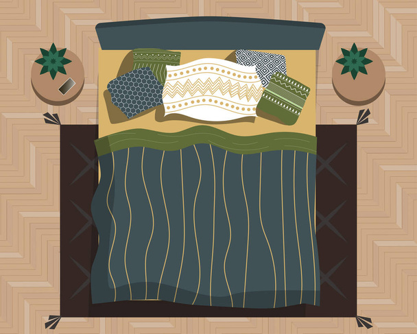 寝室の最上階の眺め。ヘリンボーンパケット、黄緑色のインテリア。北欧のパターンで枕。鍋に花のあるベッドサイドテーブル。縞模様のベッドスプレッドブランケットダークカーペット。現代、スキャンディ、ブー - ベクター画像