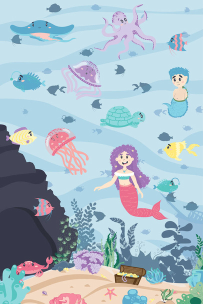 Seabed with fish, cave, sand, mermaid girl and boy. sunken ship, treasures, shells, corals, algae. underwater fairy landscape in cartoon flat style. - Vektör, Görsel
