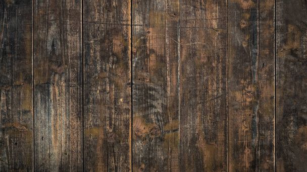 Old brown rustic weathred dark grunge wooden timber table wall floor board texture - wood background banner top view 	 - Photo, image