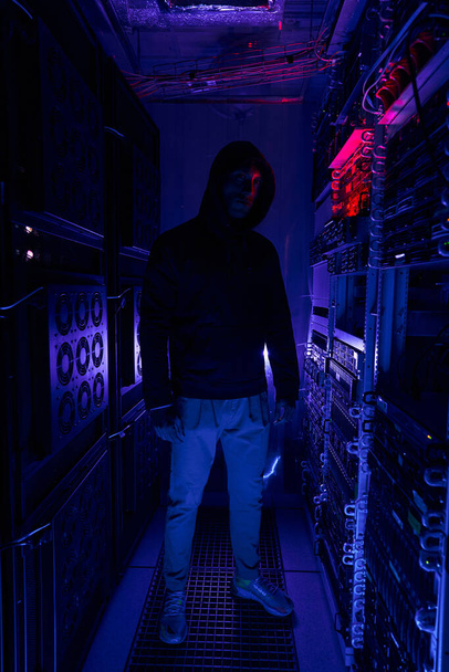 Hacker masculino com capuz entre racks de servidor - Foto, Imagem