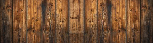 Old brown rustic weathred dark grunge wooden timber table wall board texture - wood background banner panorama top view - Фото, изображение