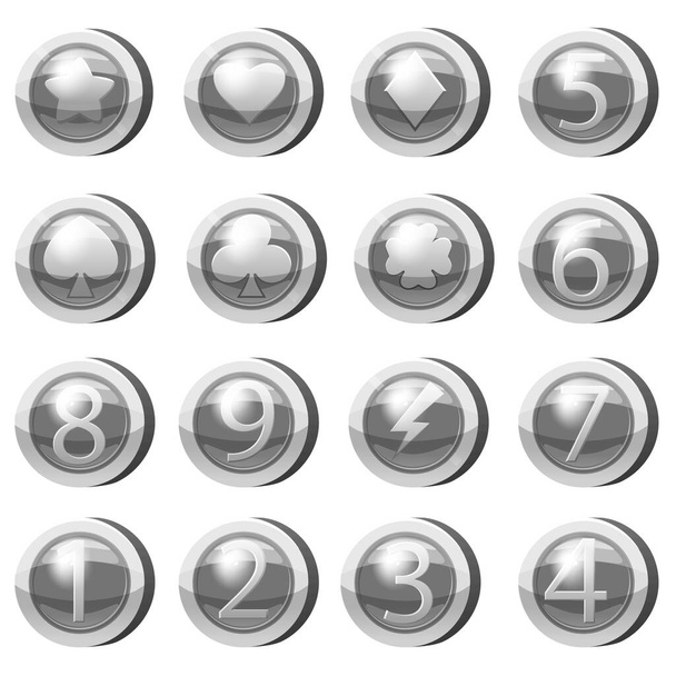 Sada stříbrných mincí pro herní aplikace. Stříbrné ikony hvězda, srdce, čísla symboly hry UI, hraní hazardních her. Vektorová ilustrace - Vektor, obrázek
