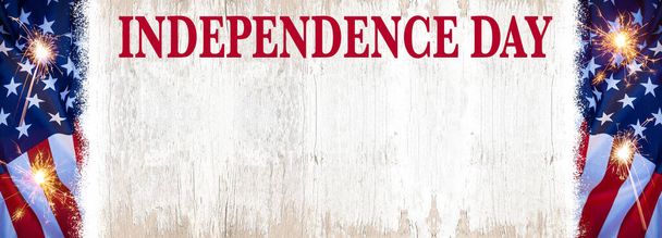 Happy 4th of July - Independence Day USA background banner panorama template greeting card - Waving American flag an sparklers on rustic white vintage shabby wooden wood wall texture - Fotoğraf, Görsel