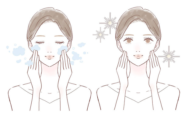 Before and after of women cleansing and washing their faces. On white background. - Vector, Image