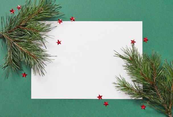 Fir tree branches and blank paper on green background - Photo, image
