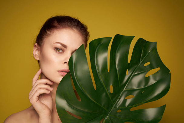 beautiful woman palm leaf bare shoulders spa treatments - Fotoğraf, Görsel