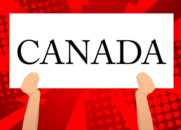 Ręczny sztandar z kanadyjskim tekstem na białym papierze. Mężczyzna pokazuje billboard. - Wektor, obraz