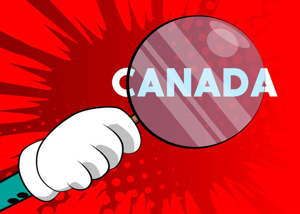 Kanada Text unter der Lupe Illustration auf rotem Hintergrund. - Vektor, Bild