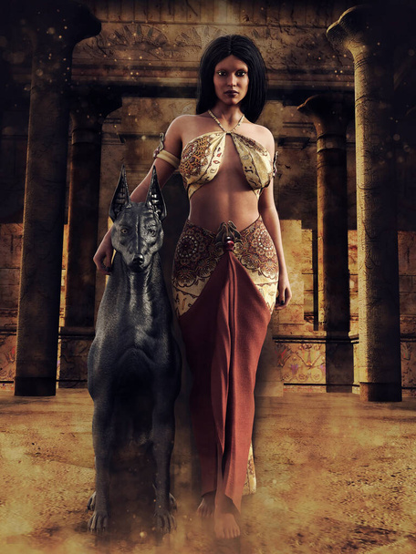 Ancient Egyptian priestess with a hound in a hallway of a pyramid temple. 3D render. - Photo, image