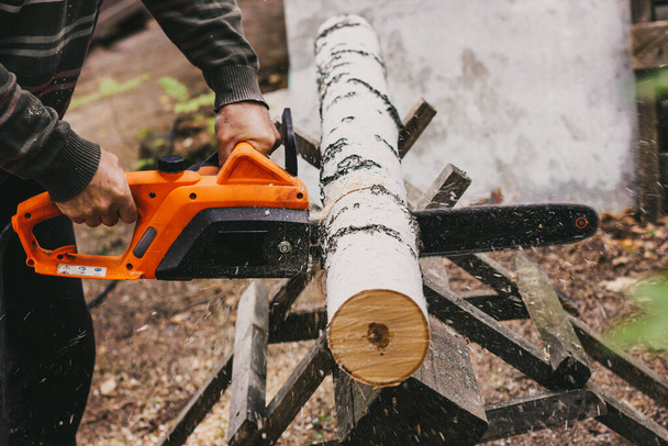 Homem a serrar um tronco de bétula com uma motosserra na floresta. - Foto, Imagem