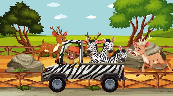 Safari-Szene mit vielen Zebras auf einem LKW - Vektor, Bild