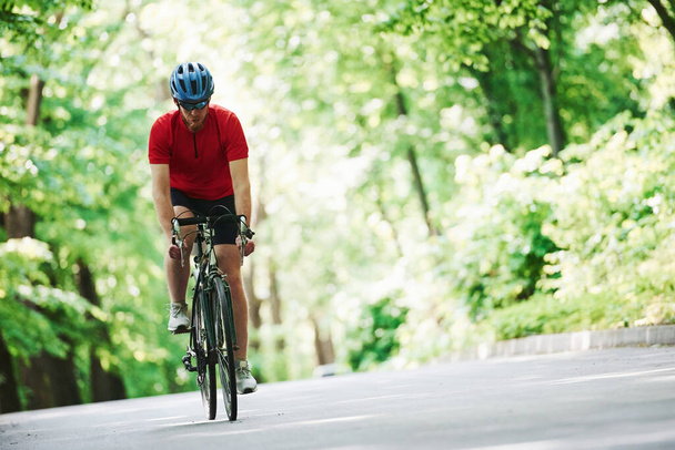 Stamina test. Cyclist on a bike is on the asphalt road in the forest at sunny day. - 写真・画像