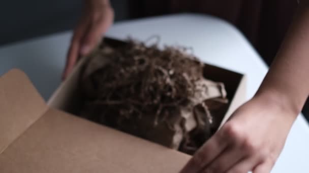 γυναίκα ανοίγει ένα κουτί παράδοσης από ένα κατάστημα και ανακαλύπτει ένα σπασμένο γυαλί. Ένα αντικανονικά συσκευασμένο αντικείμενο συνετρίβη κατά την παράδοση - Πλάνα, βίντεο
