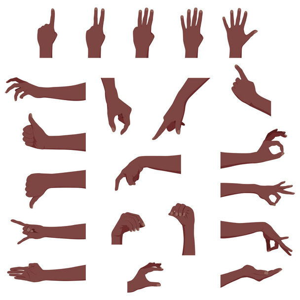 Zestaw rąk w różnych gestach emocje i znaki. Afro amerykański kolor ciemnej skóry. Ilustracja wektora izolowana na białym tle - Wektor, obraz